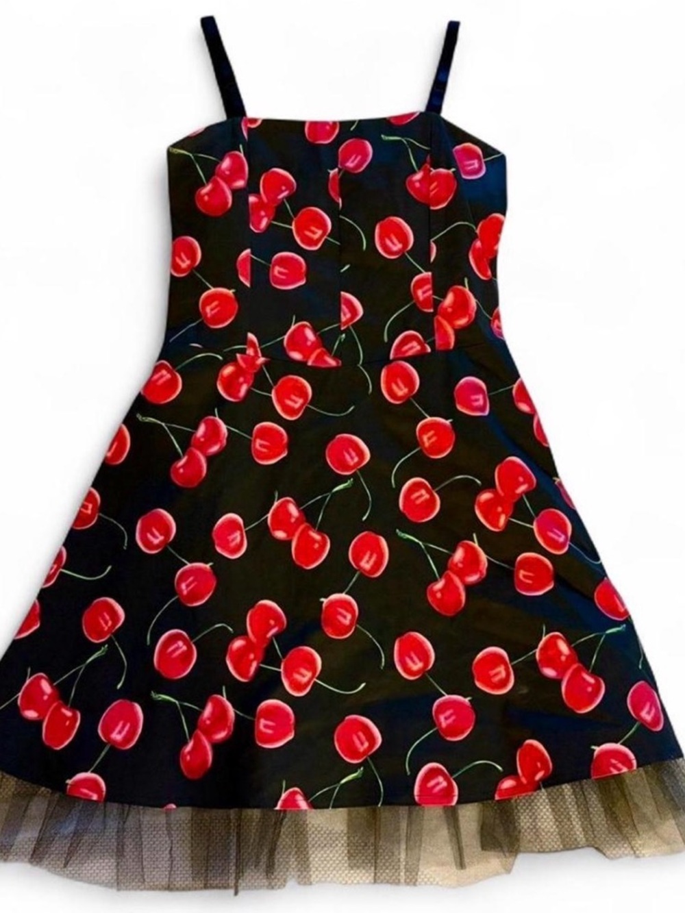 Vintage Y2K Super Low Fat Black Cherry Print Dress Whimsigoth Pin-Up Retro Sz L